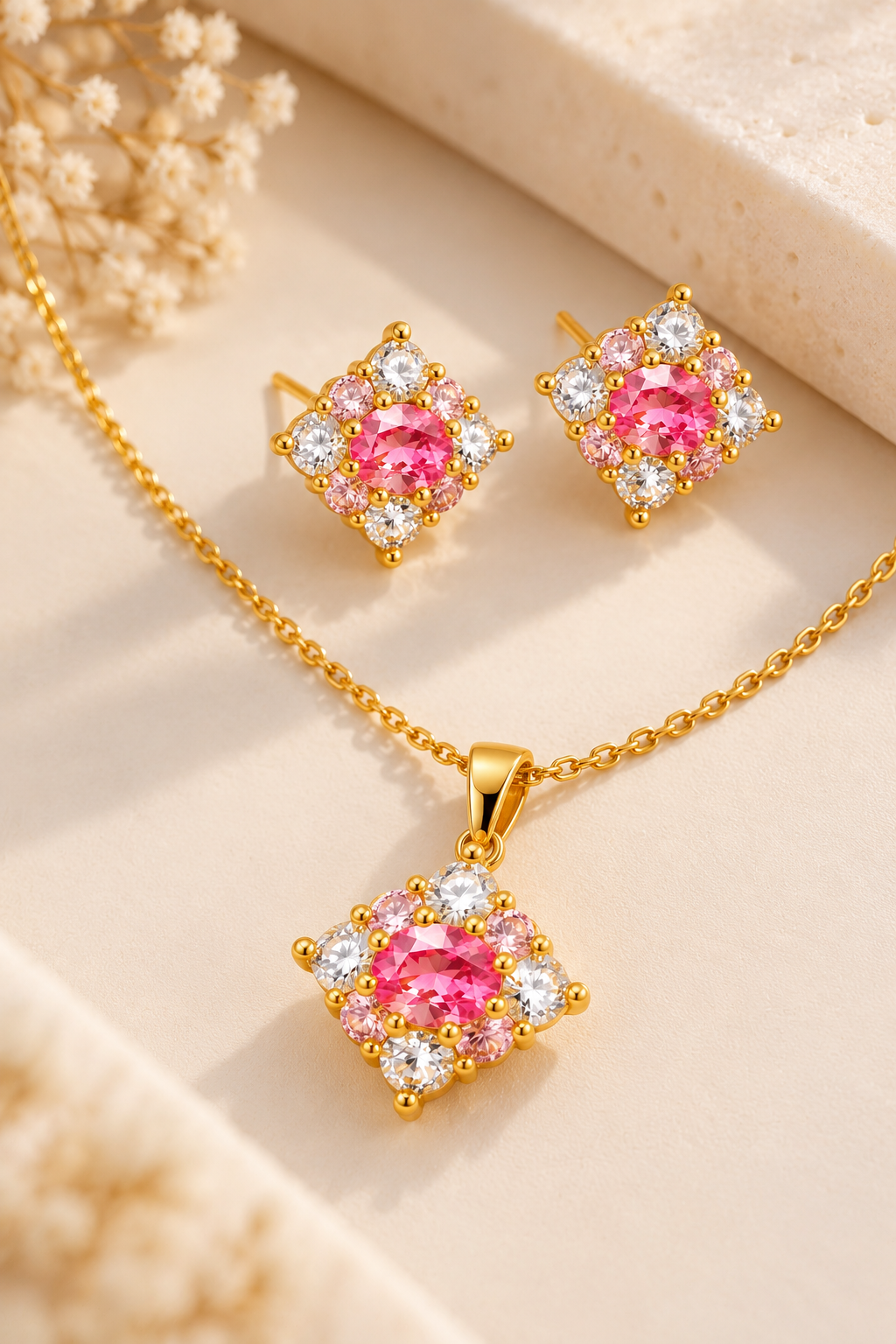 18K Gold-Finish Anti-Tarnish Pink Sparkle Necklace & Earrings Set