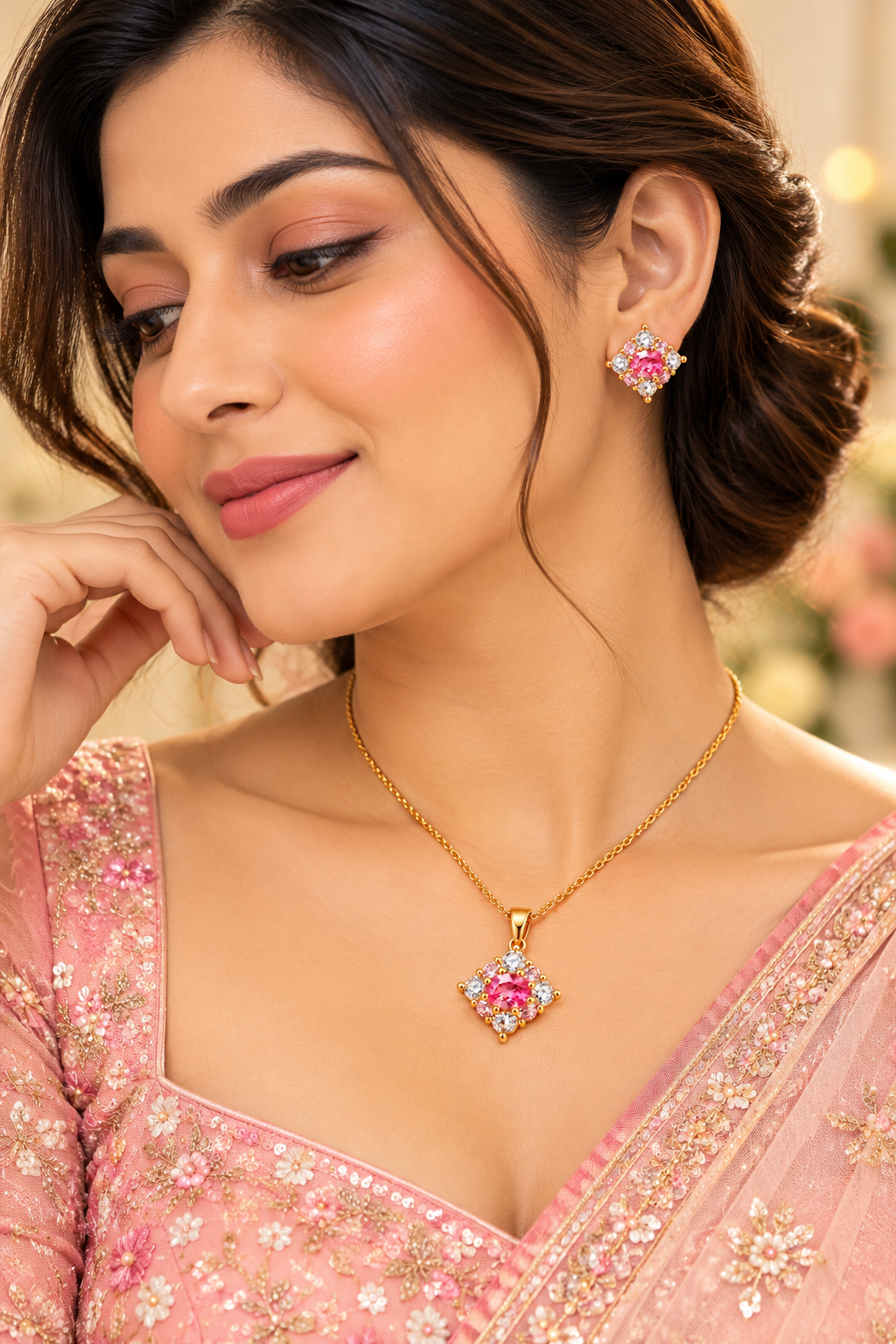 18K Gold-Finish Anti-Tarnish Pink Sparkle Necklace & Earrings Set