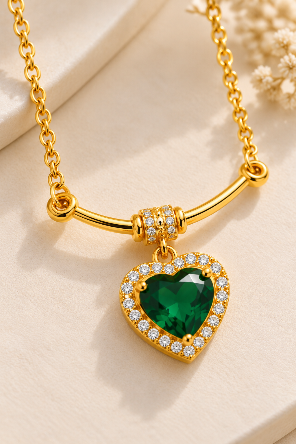 TEEYAKA Emerald Green Heart Pendant Necklace – Stainless Steel