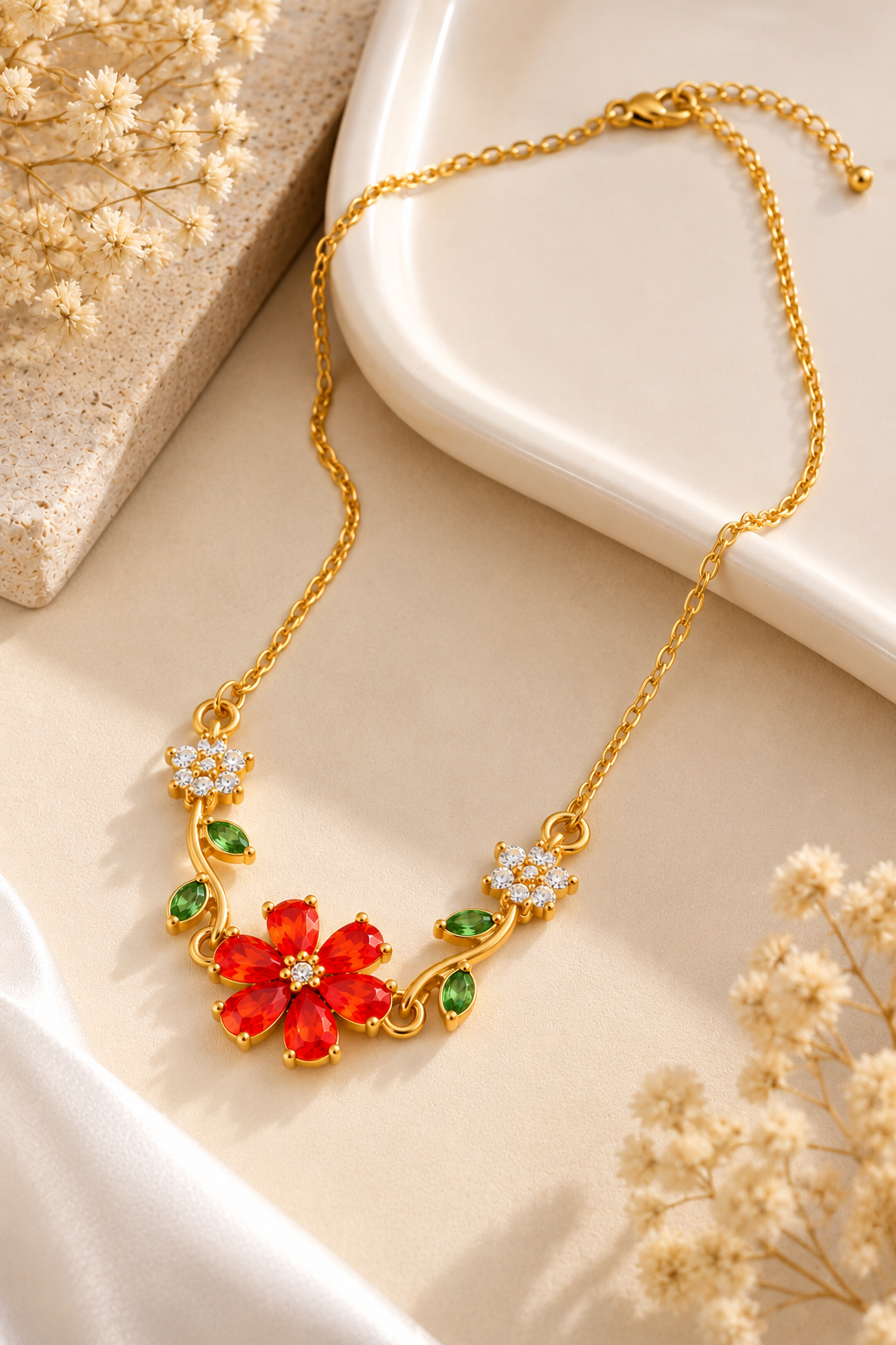 Anti-Tarnish Gold-Tone Red Flower Necklace