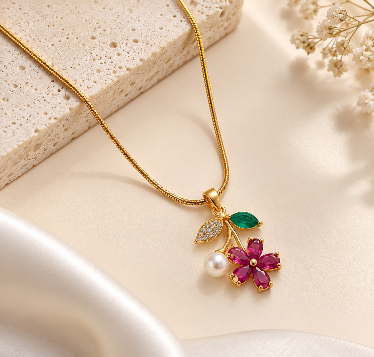 TEEYAKA Floral Bloom Gold Pendant Necklace – Stainless Steel