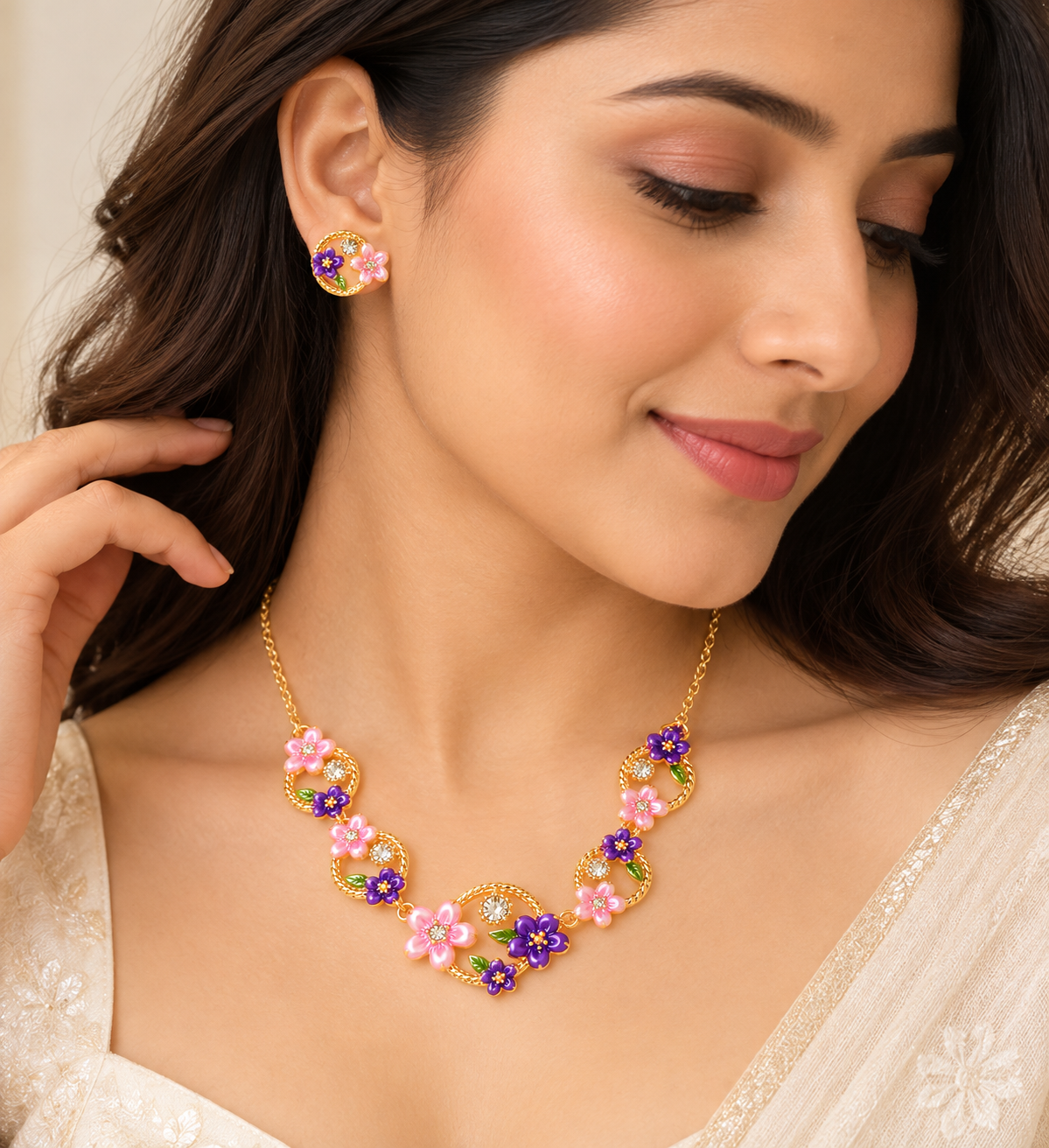 18K Gold-Finish Anti-Tarnish Purple & Pink Floral Circle Necklace Set