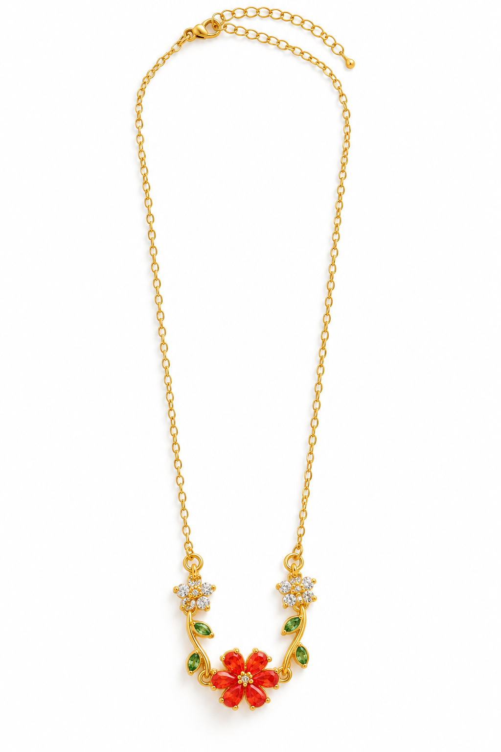 Anti-Tarnish Gold-Tone Red Flower Necklace