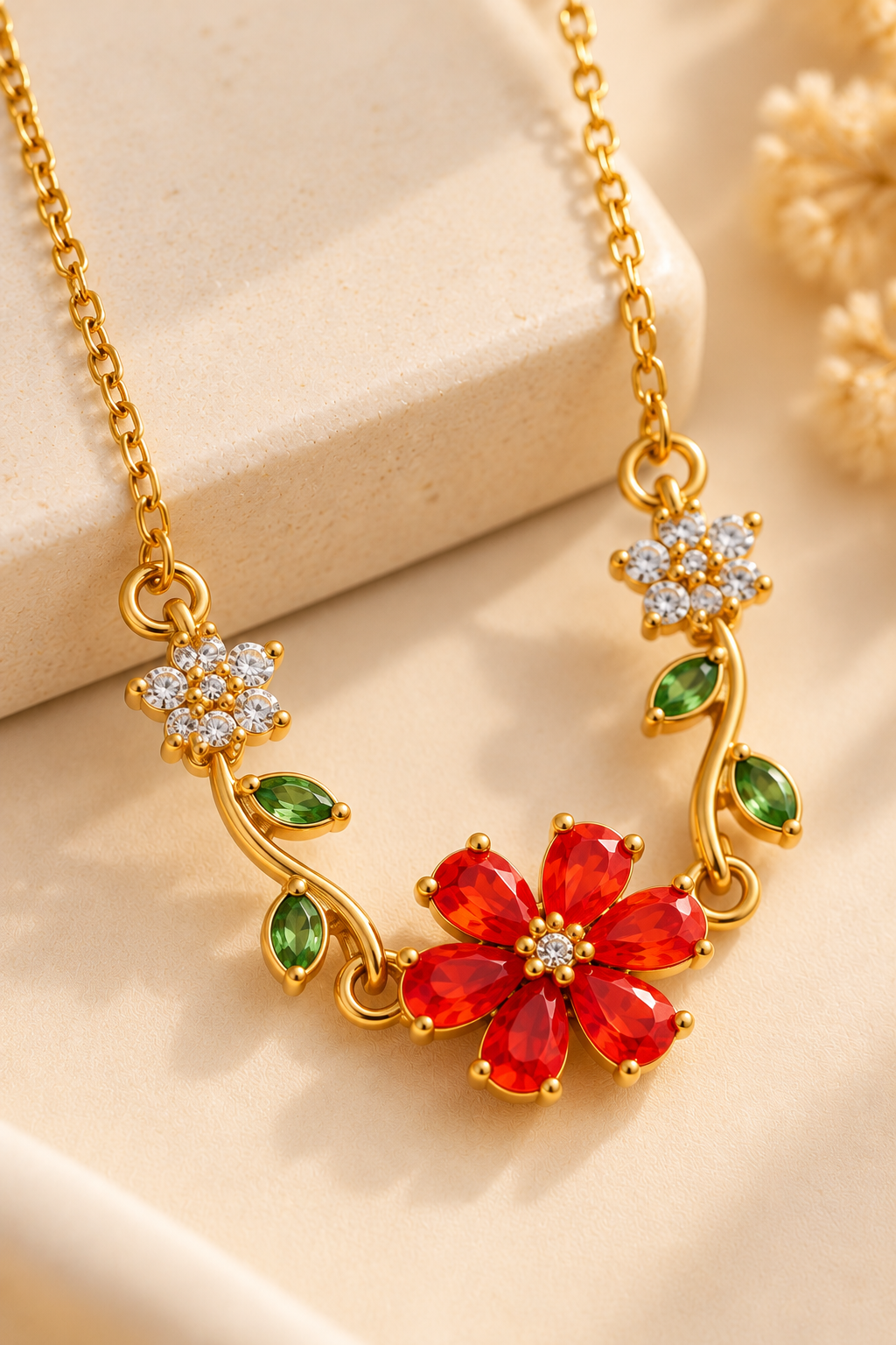 Anti-Tarnish Gold-Tone Red Flower Necklace