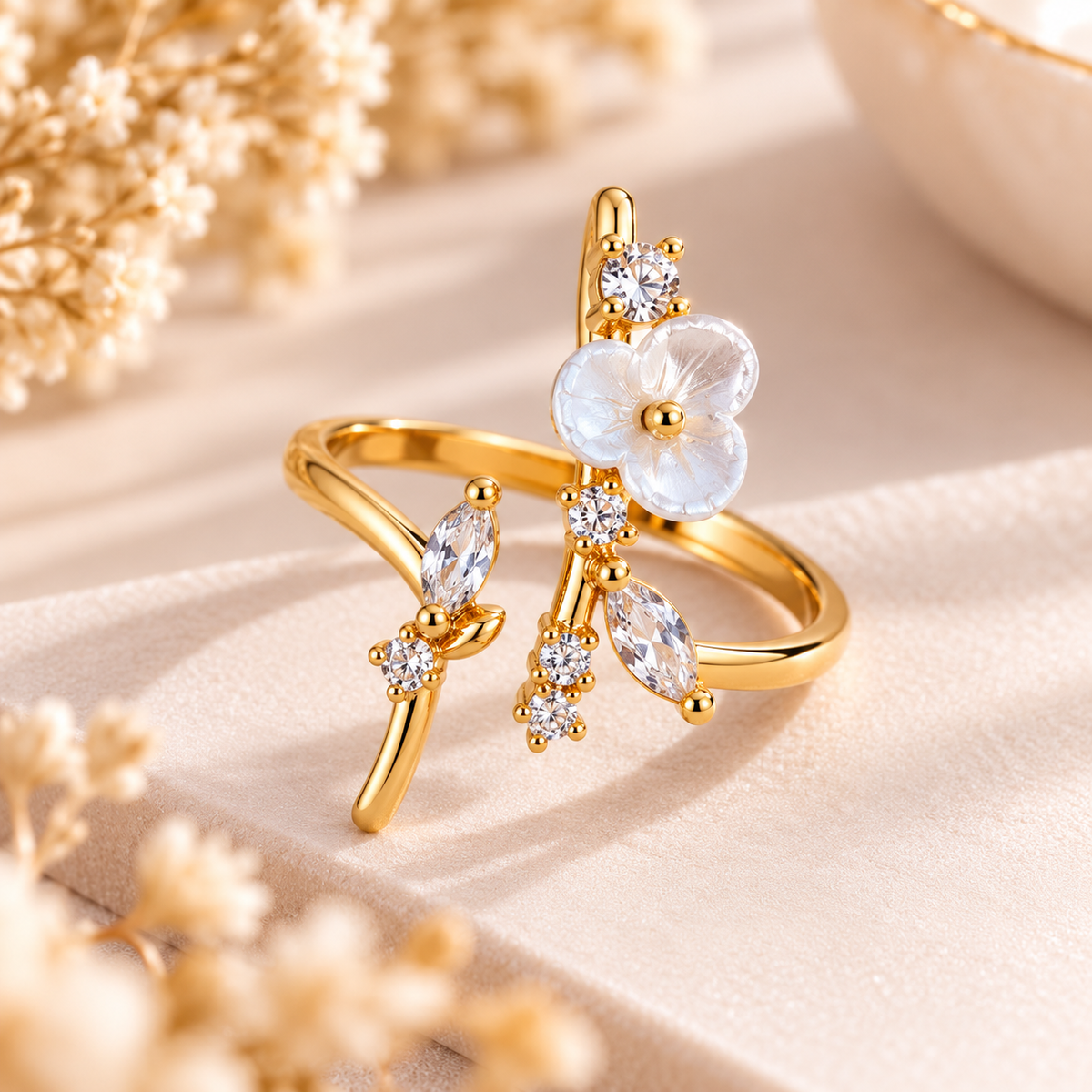 Ivory Blossom Gold-Tone Branch Ring