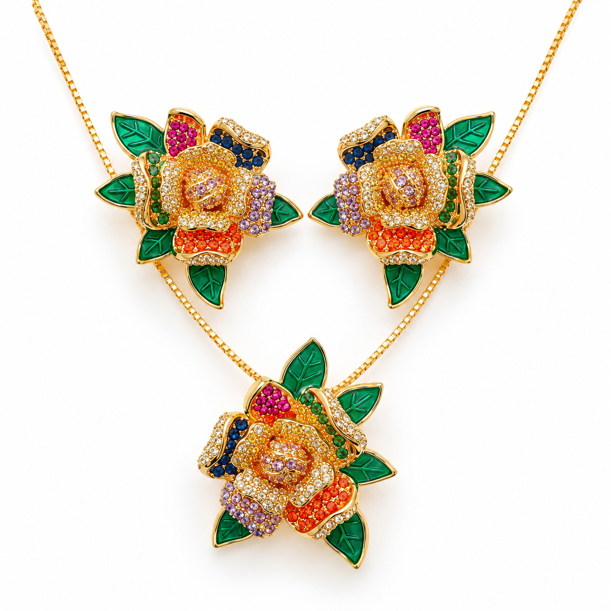 18K Gold-Finish Anti-Tarnish Multicolour Floral & Green Leaf Jewellery Set