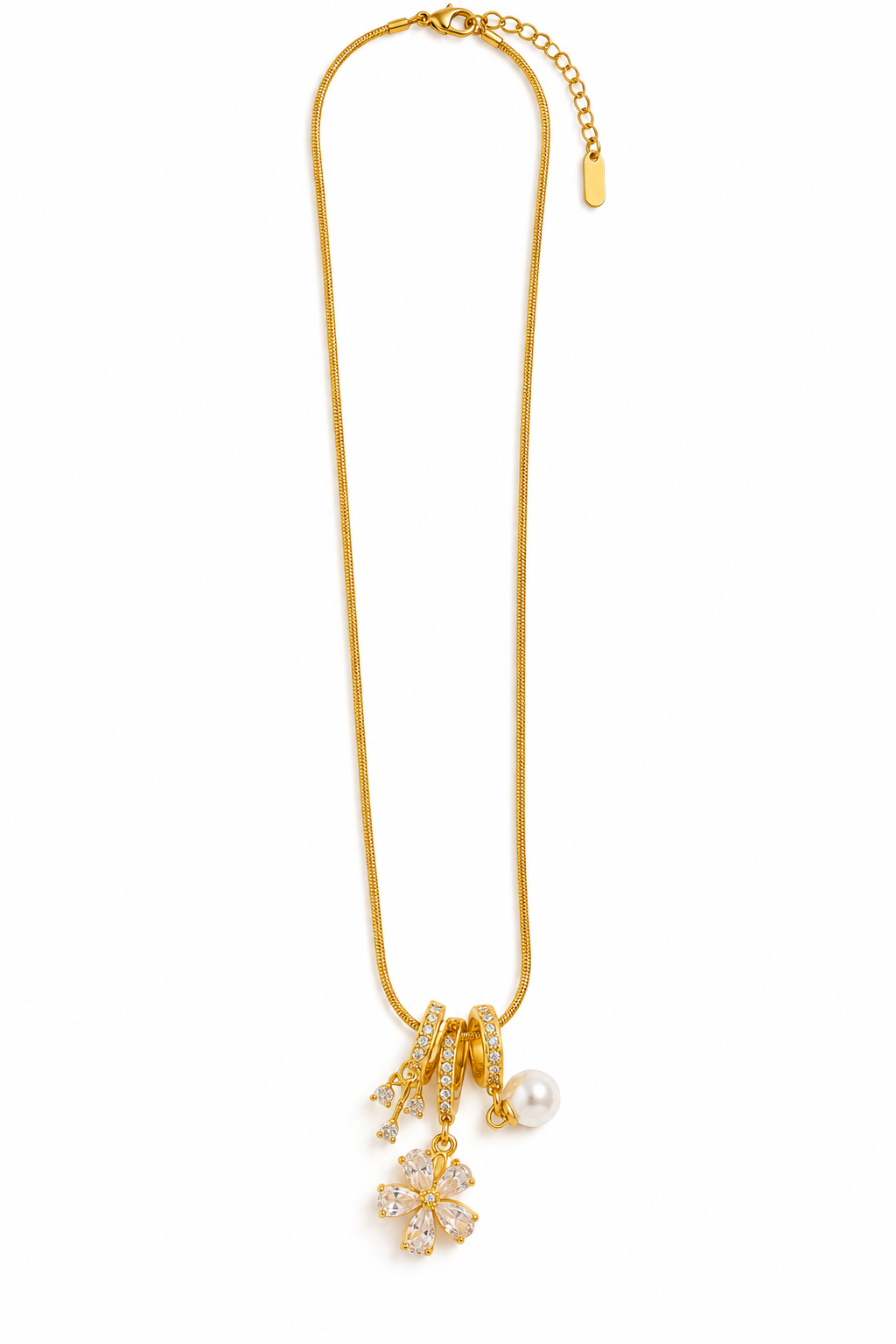 TEEYAKA Crystal Flower & Pearl Charm Pendant Necklace – Stainless Steel