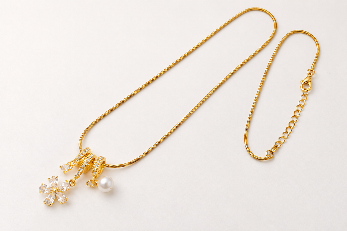 TEEYAKA Crystal Flower & Pearl Charm Pendant Necklace – Stainless Steel