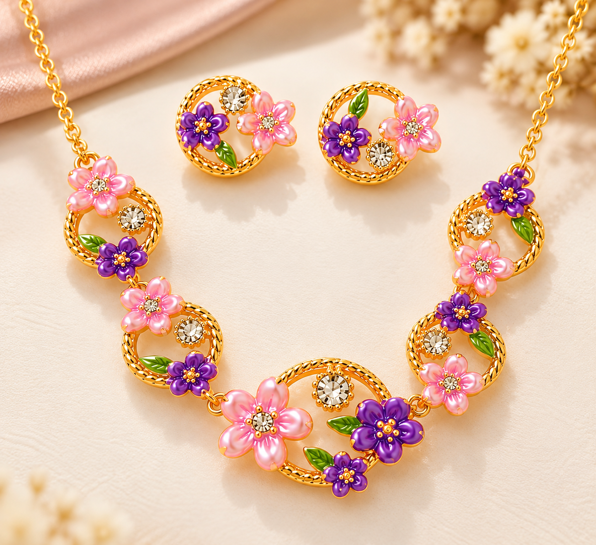 18K Gold-Finish Anti-Tarnish Purple & Pink Floral Circle Necklace Set