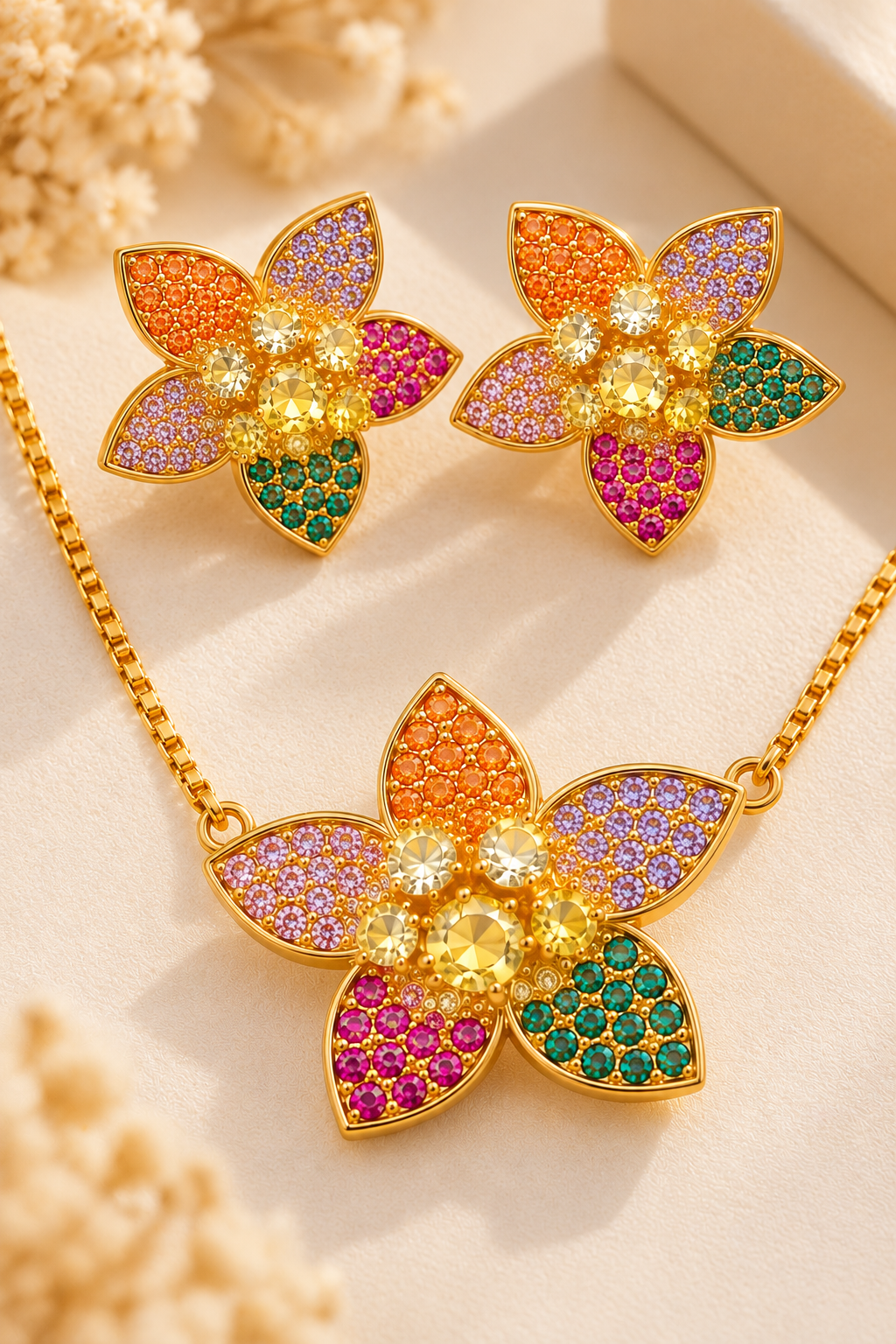 18K Gold-Finish Anti-Tarnish Multicolour Floral Necklace & Earrings Set