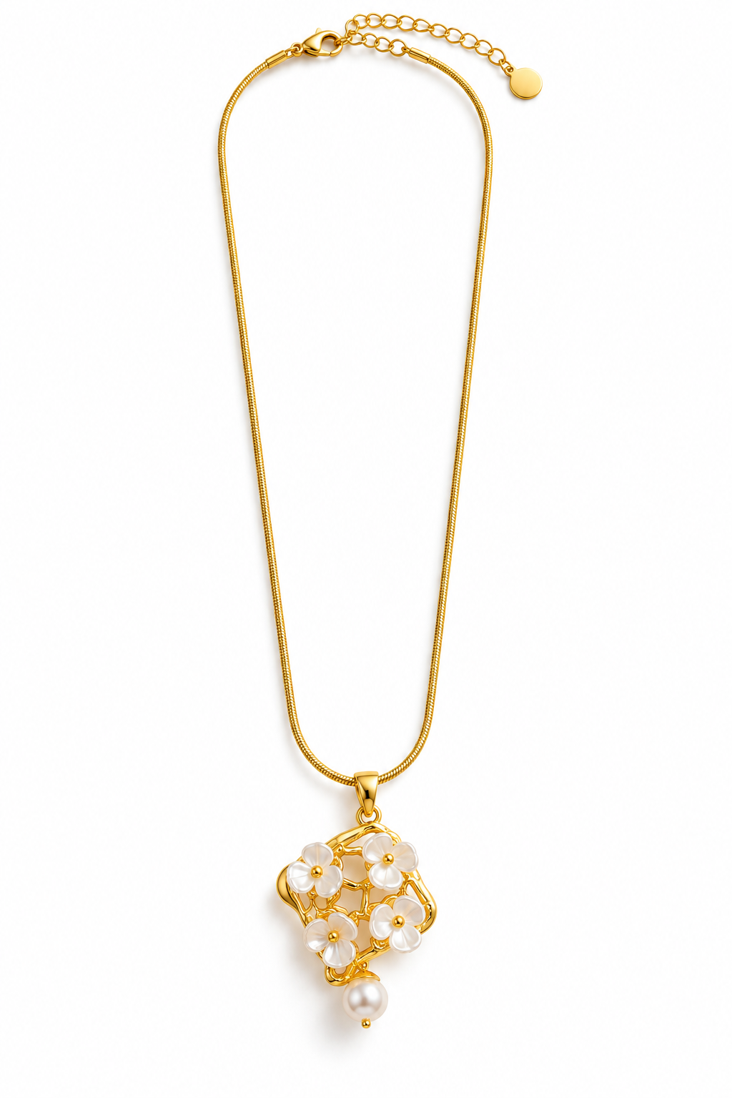 Anti-Tarnish Gold-Tone White Floral Pendant Necklace
