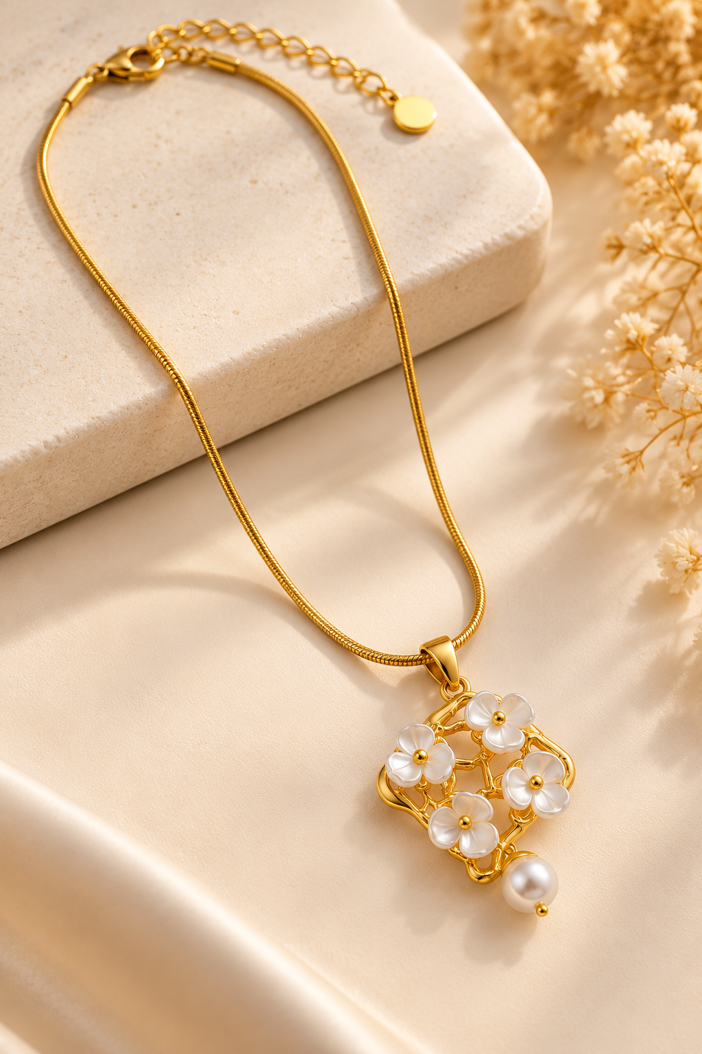 Anti-Tarnish Gold-Tone White Floral Pendant Necklace