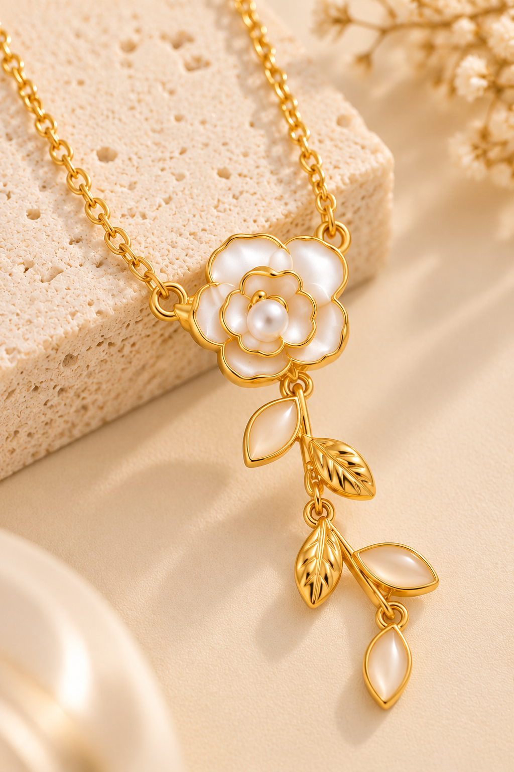18K Gold-Finish Anti-Tarnish White Flower & Leaf Necklace