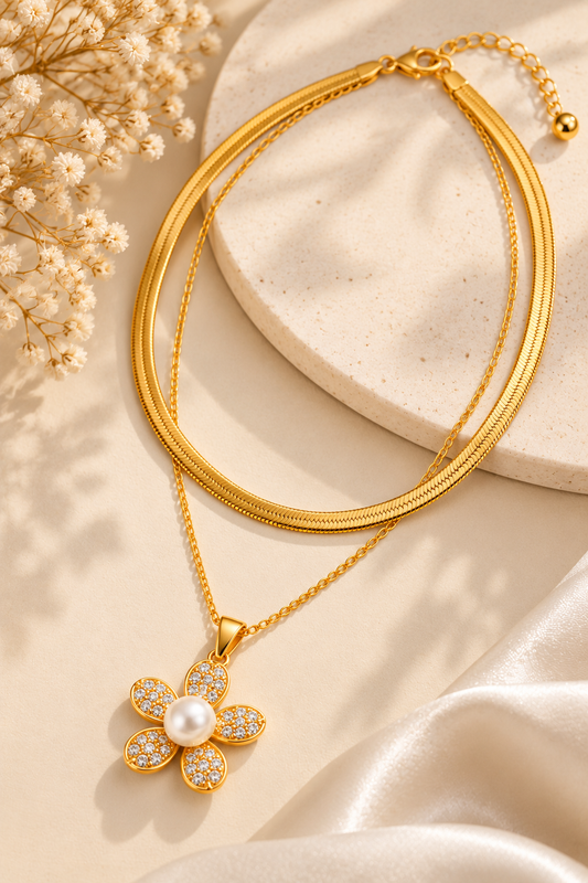 Anti-Tarnish Gold-Tone Flower & Pearl-Look Layered Necklace