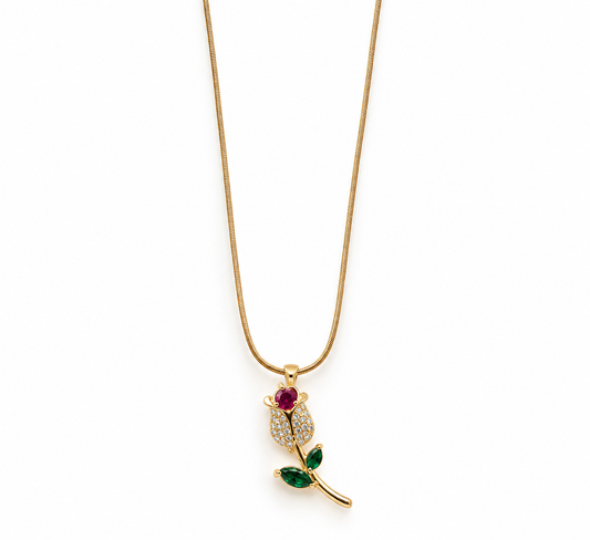 TEEYAKA Floral Leaf Pink & Green Pendant Necklace – Stainless Steel