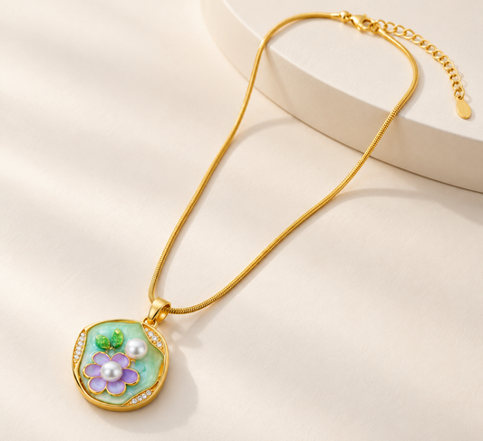 TEEYAKA Mint Green & Lavender Floral Pendant Necklace – Stainless Steel