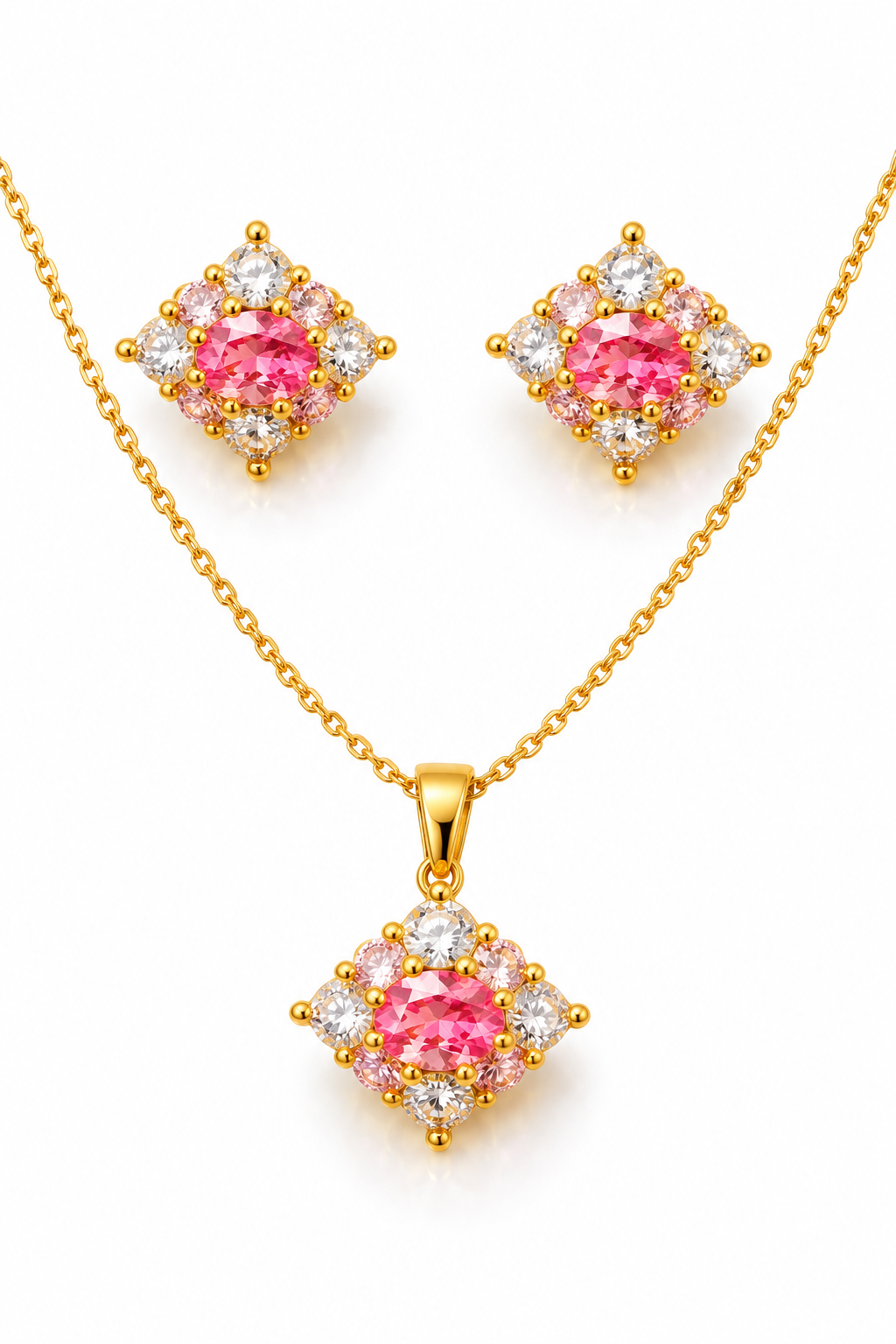 18K Gold-Finish Anti-Tarnish Pink Sparkle Necklace & Earrings Set