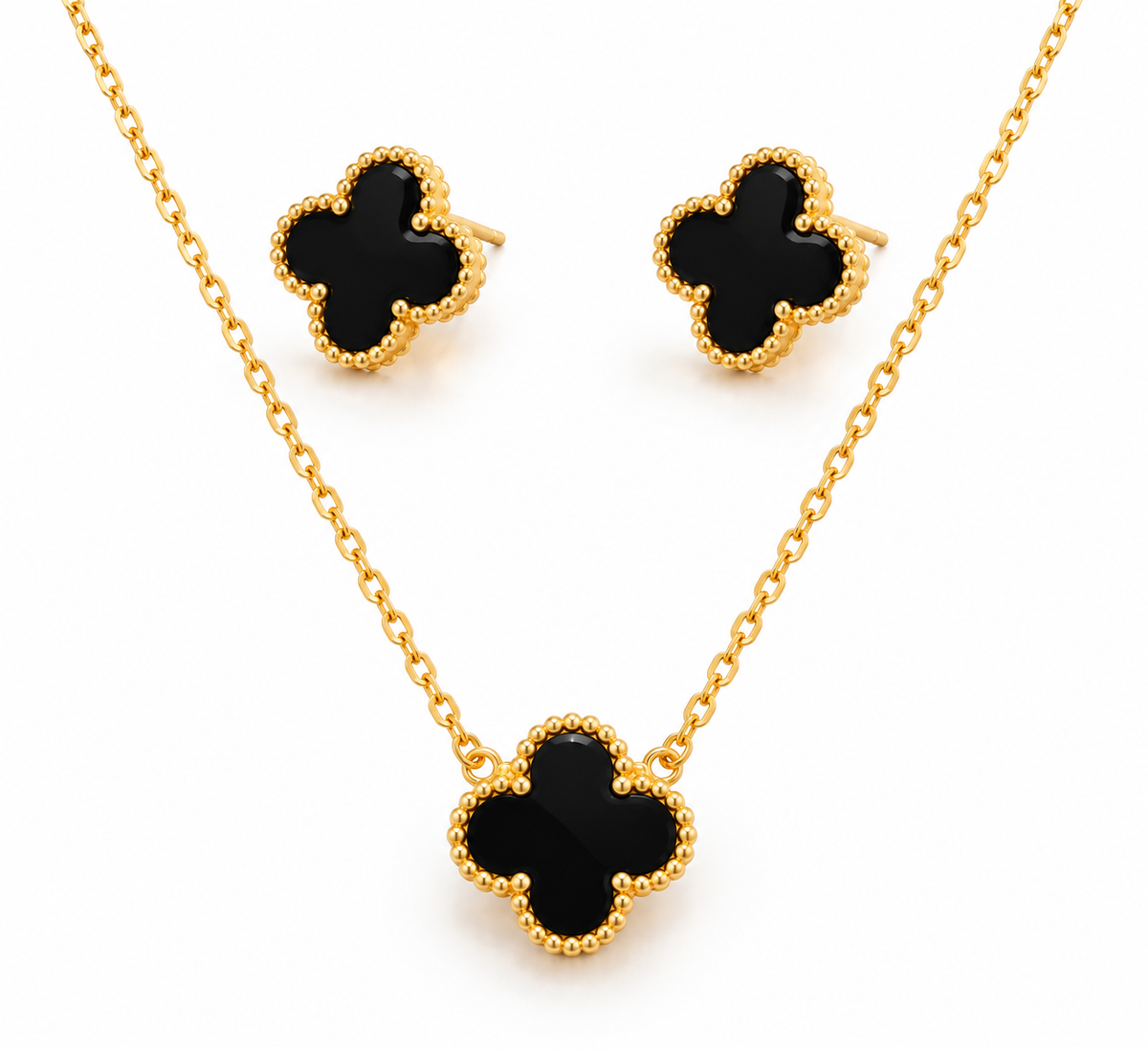 18K Gold-Finish Anti-Tarnish Black Clover Necklace & Earrings Set