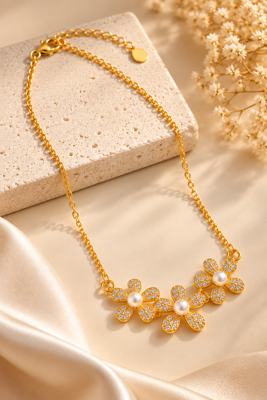 Anti-Tarnish Gold-Tone Floral Necklace with Pearl-Look Accents