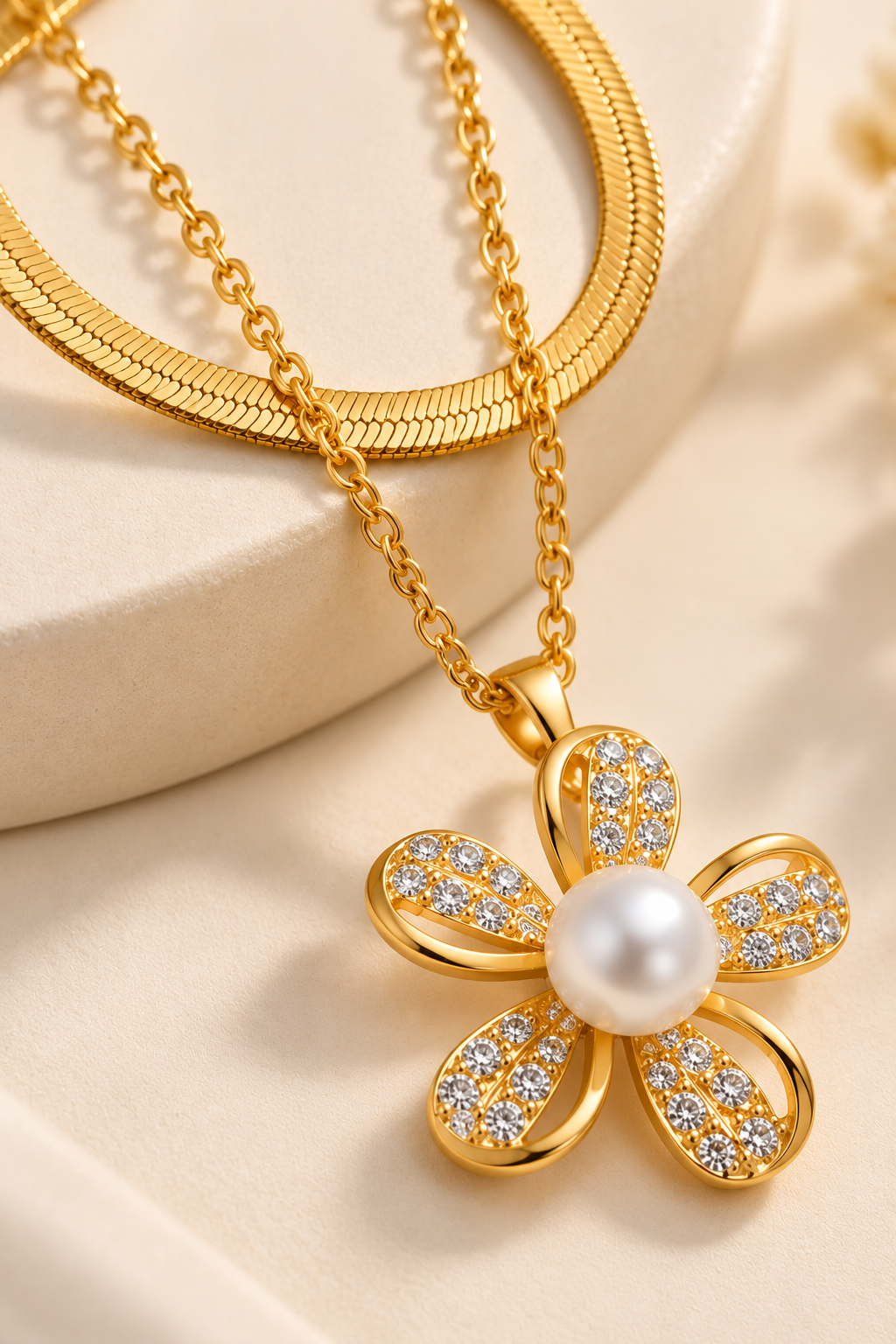 Gold Floral Pearl Layered Necklace | TEEYAKA