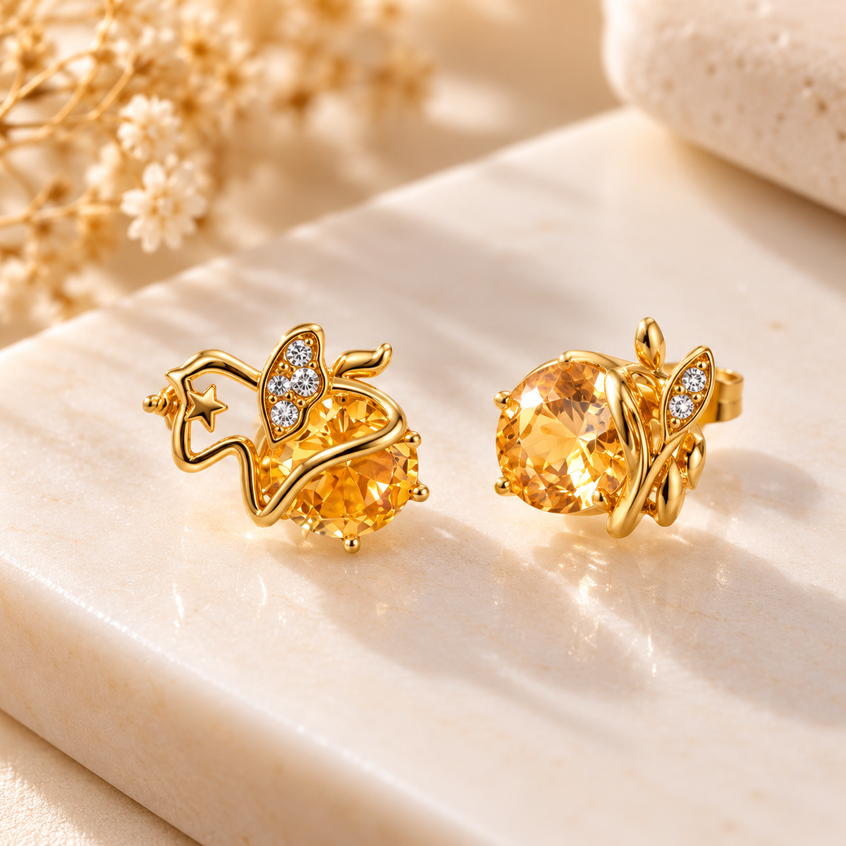 Golden Orbit Yellow Stone Stud Earrings