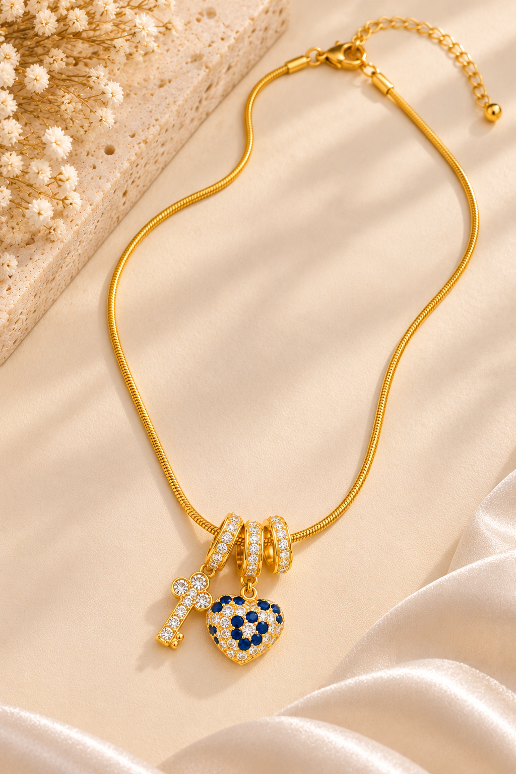 Anti-Tarnish Gold-Tone Black & Clear Charm Necklace