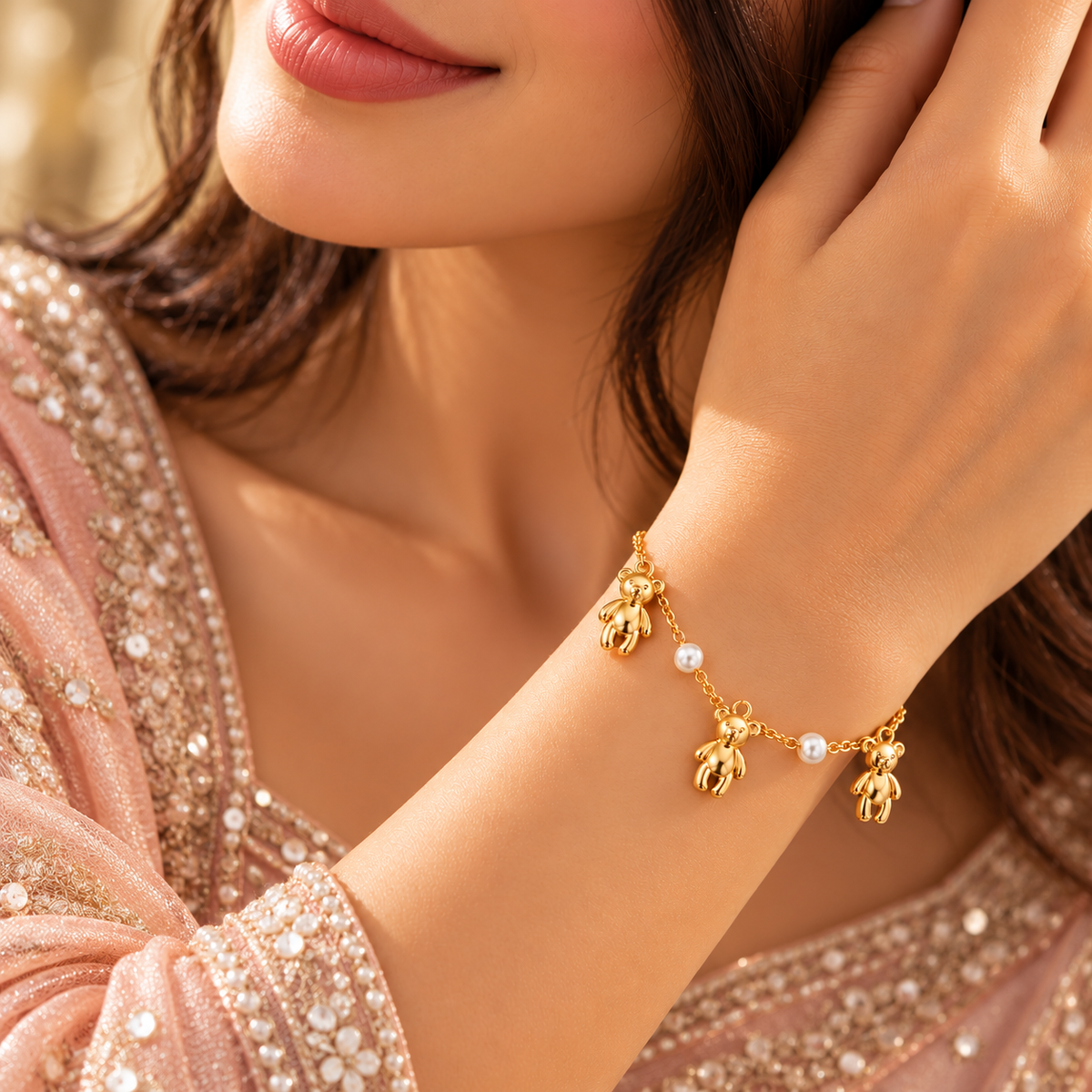 Teddy Trio Gold-Tone Pearl-Look Charm Bracelet