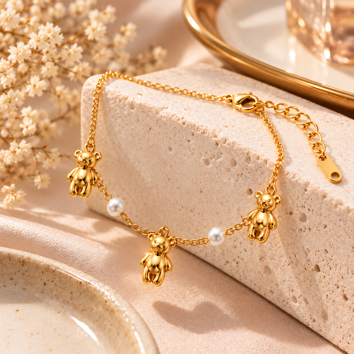 Teddy Trio Gold-Tone Pearl-Look Charm Bracelet