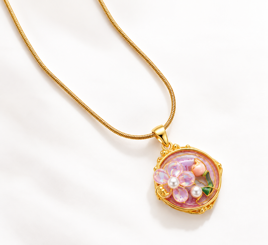 TEEYAKA Floral Bloom Pink & Green Pendant Necklace – Stainless Steel