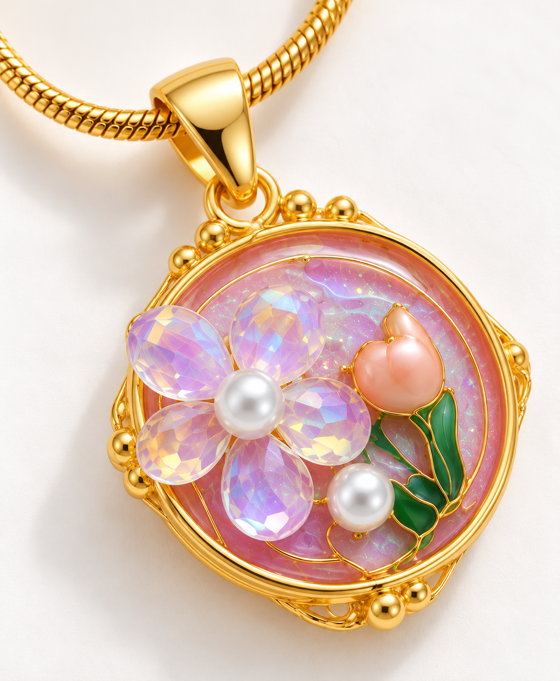 TEEYAKA Floral Blossom Pink & Lavender Pendant Necklace – Stainless Steel