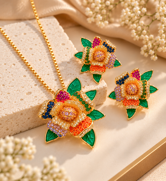 18K Gold-Finish Anti-Tarnish Multicolour Floral & Green Leaf Jewellery Set