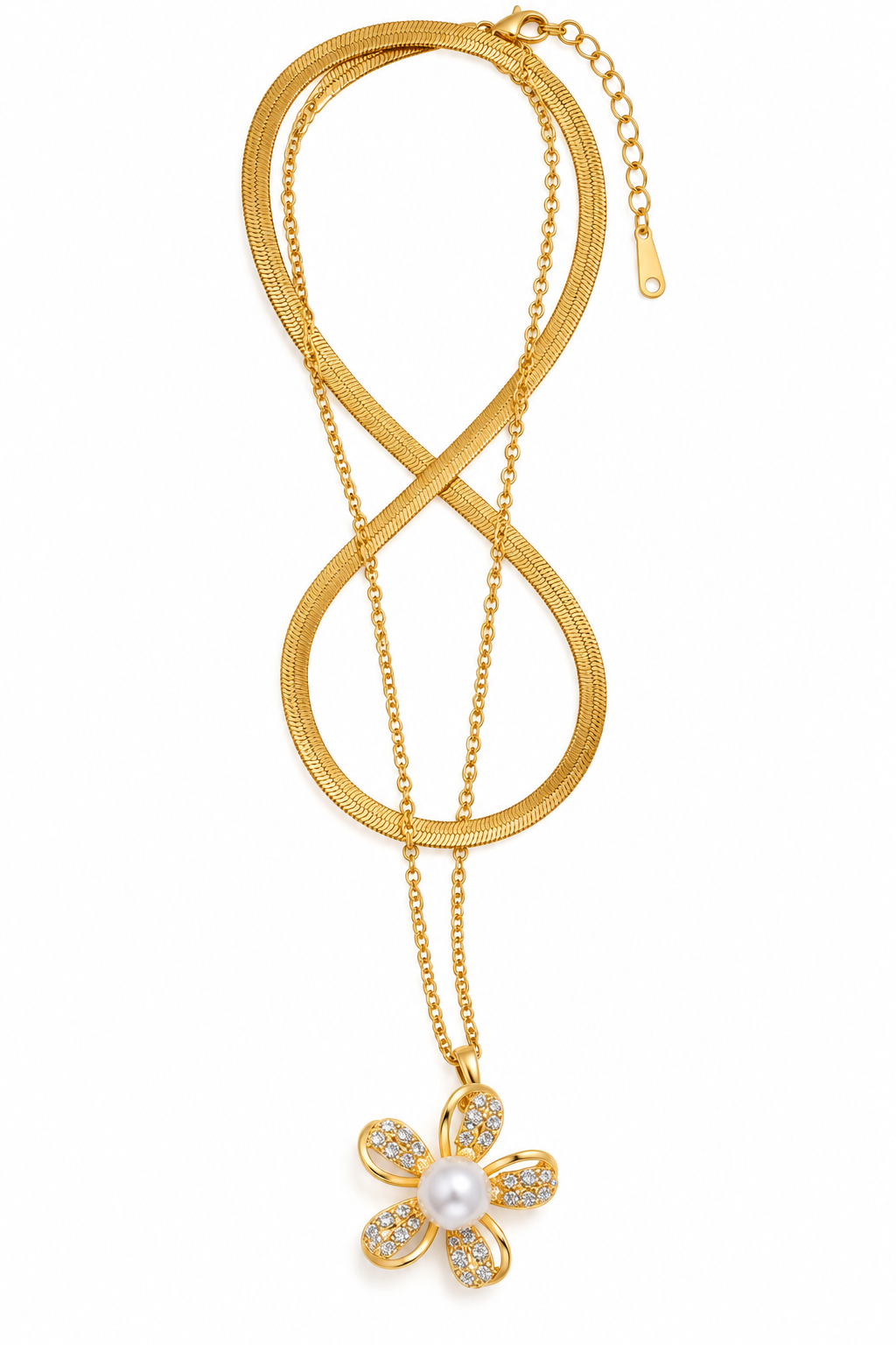 Gold Floral Pearl Layered Necklace | TEEYAKA