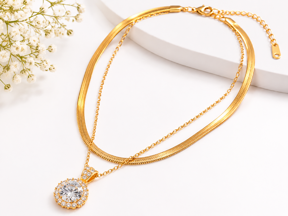 TEEYAKA Gold Layered Crystal Pendant Necklace