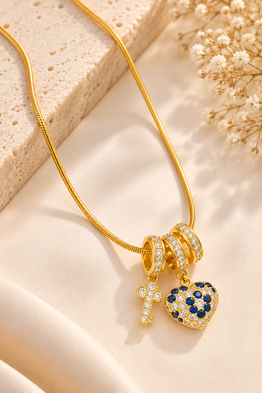 Anti-Tarnish Gold-Tone Black & Clear Charm Necklace