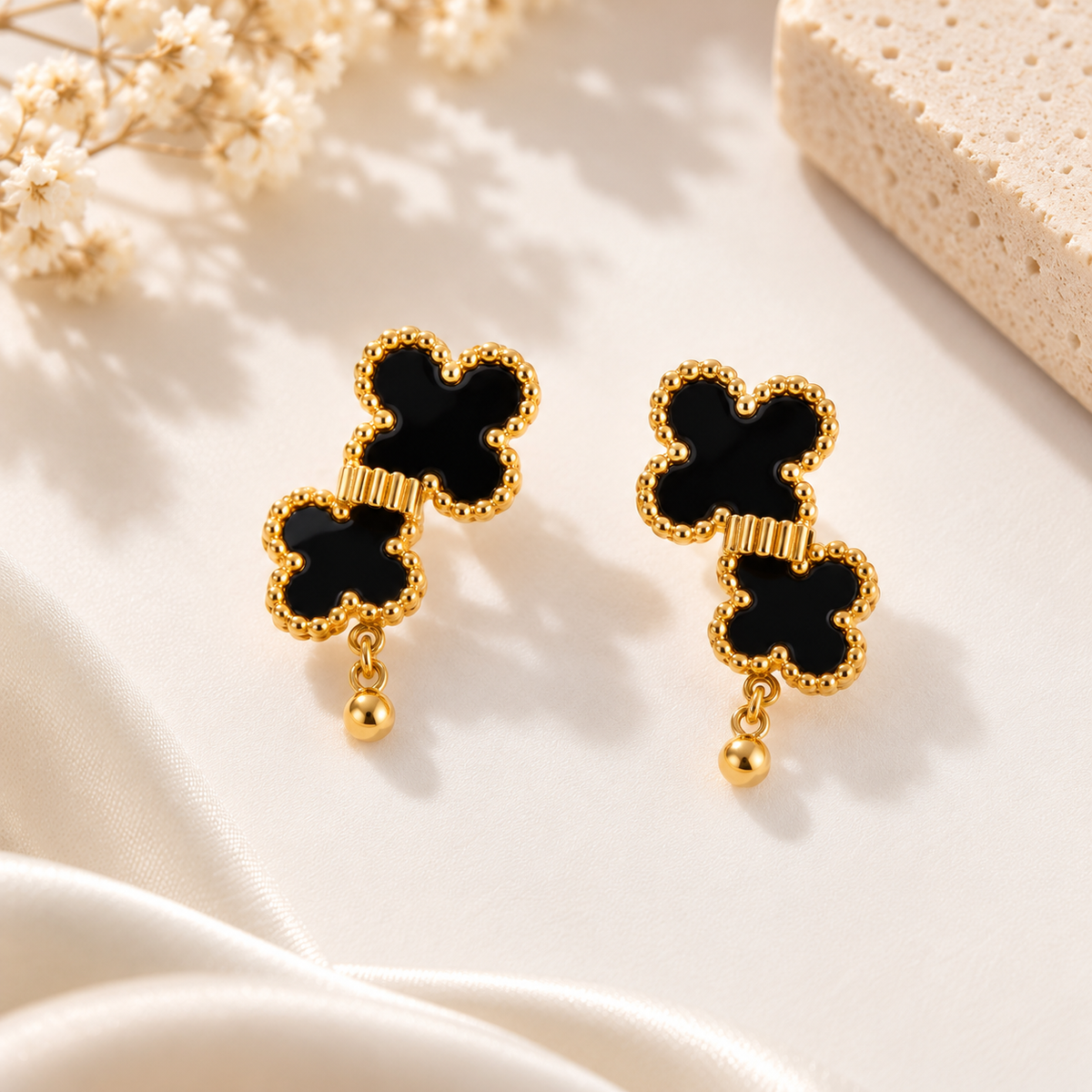 Midnight Clover Gold-Tone Drop Earrings