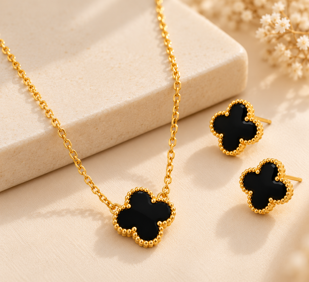18K Gold-Finish Anti-Tarnish Black Clover Necklace & Earrings Set