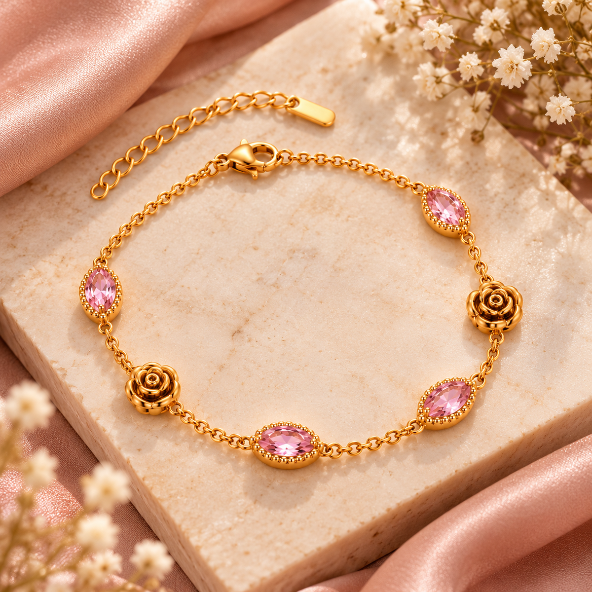 Pink Blossom Gold-Tone Rose Bracelet