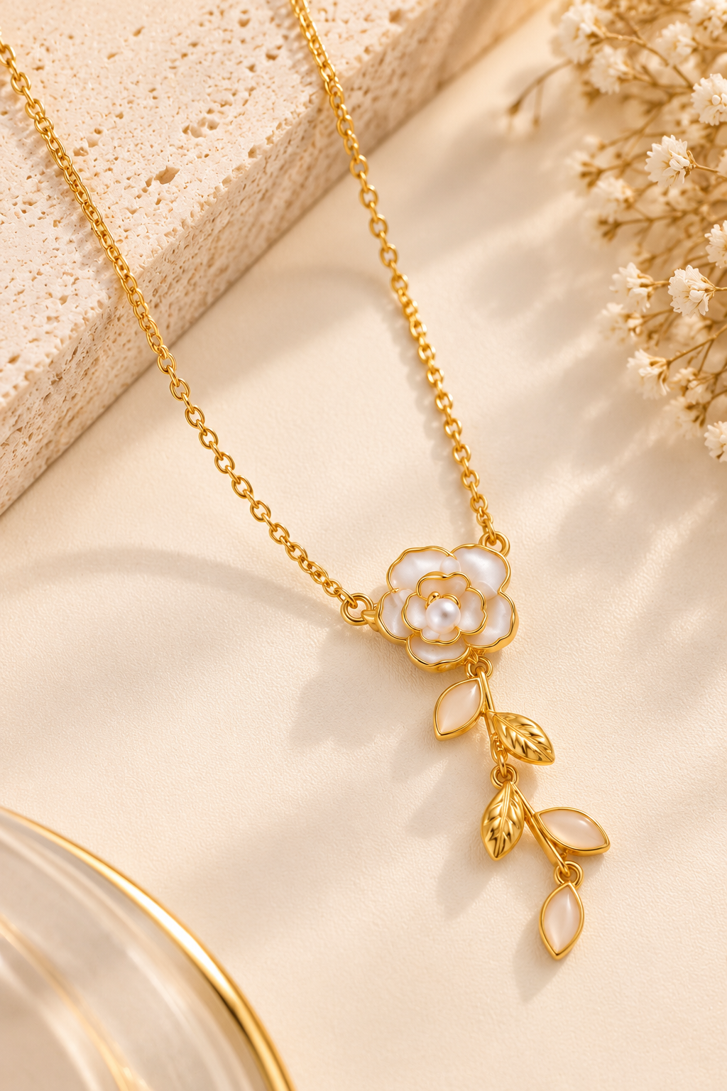 18K Gold-Finish Anti-Tarnish White Flower & Leaf Necklace