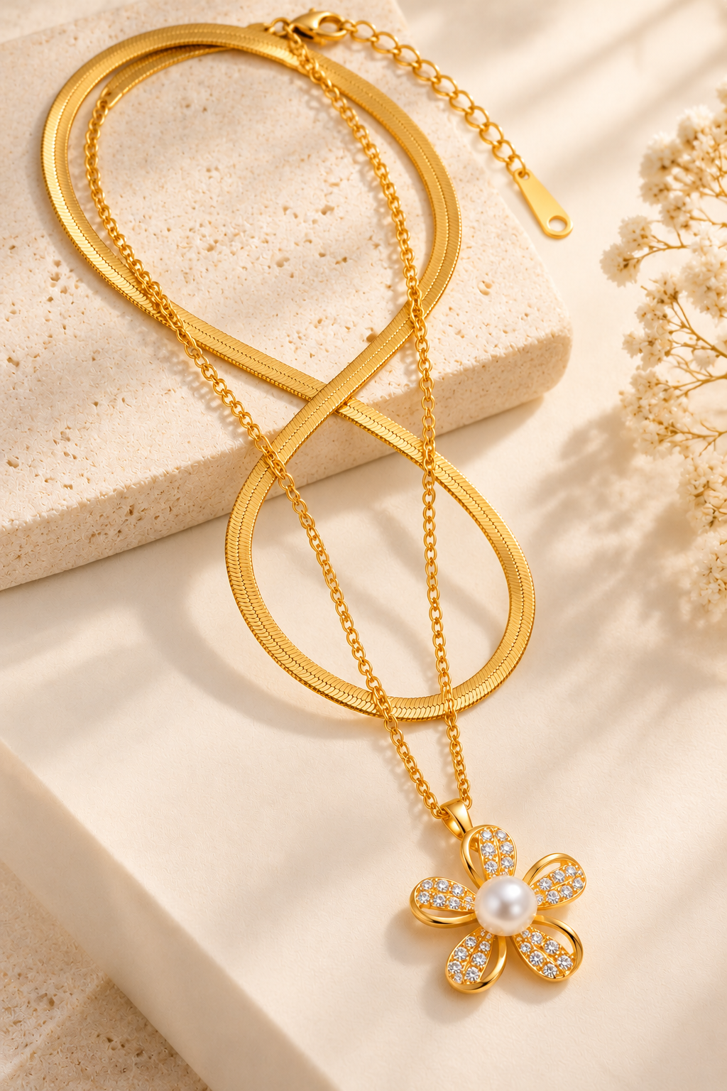 Gold Floral Pearl Layered Necklace | TEEYAKA