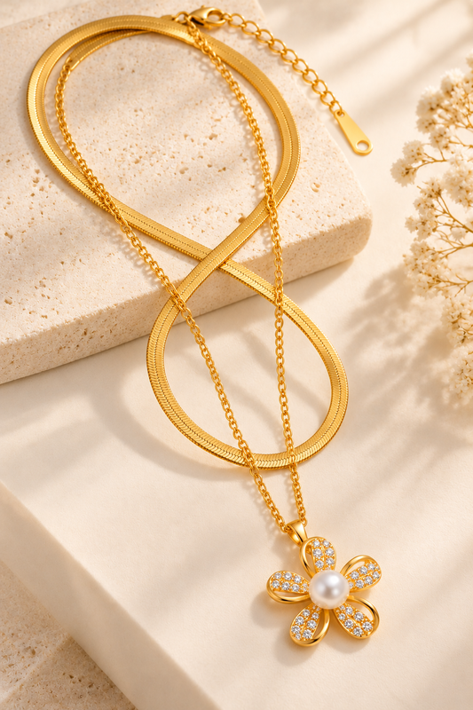 Gold Floral Pearl Layered Necklace | TEEYAKA