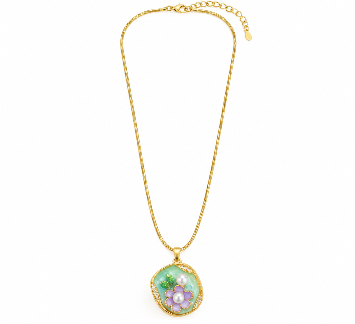 TEEYAKA Mint Green & Lavender Floral Pendant Necklace – Stainless Steel