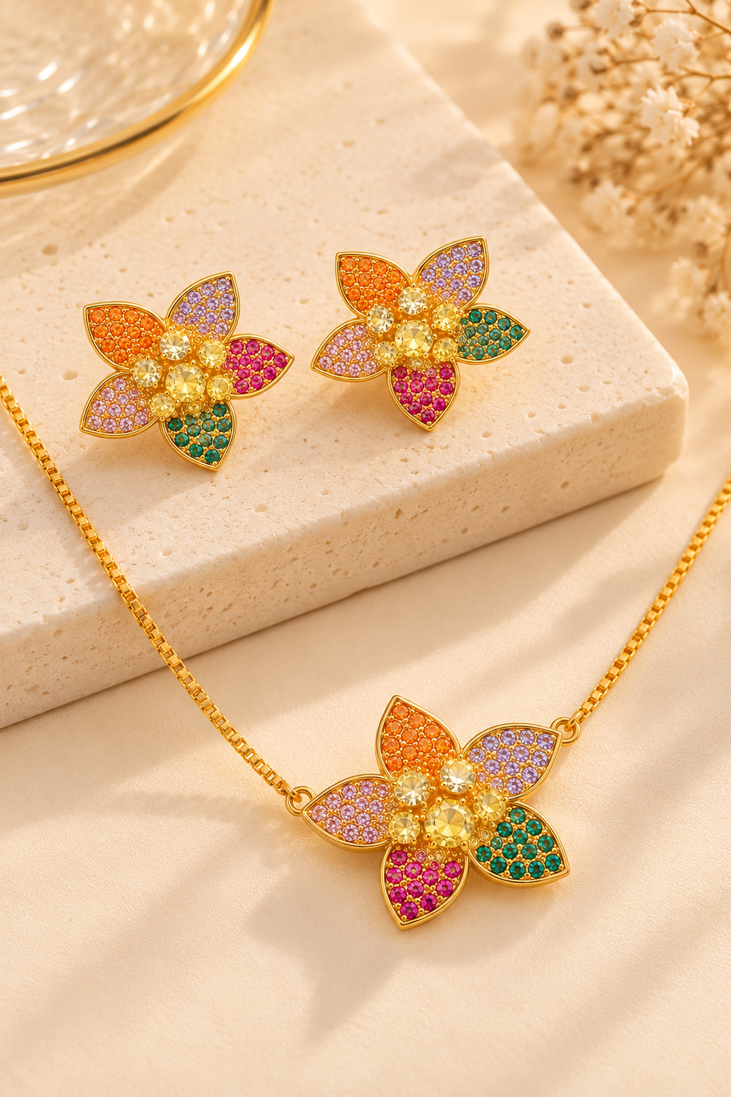 18K Gold-Finish Anti-Tarnish Multicolour Floral Necklace & Earrings Set