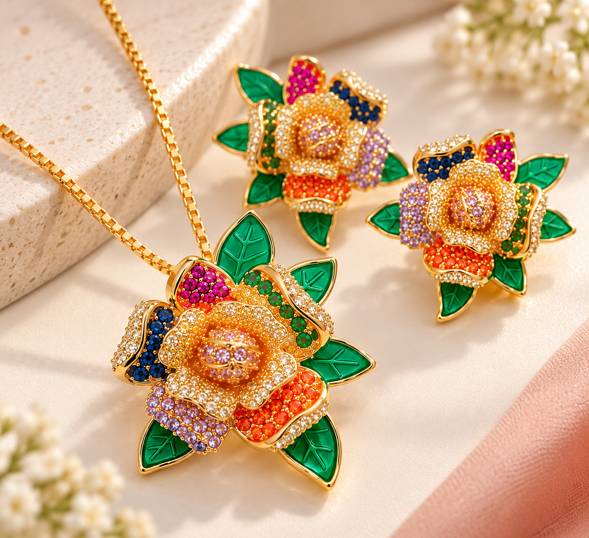 18K Gold-Finish Anti-Tarnish Multicolour Floral & Green Leaf Jewellery Set