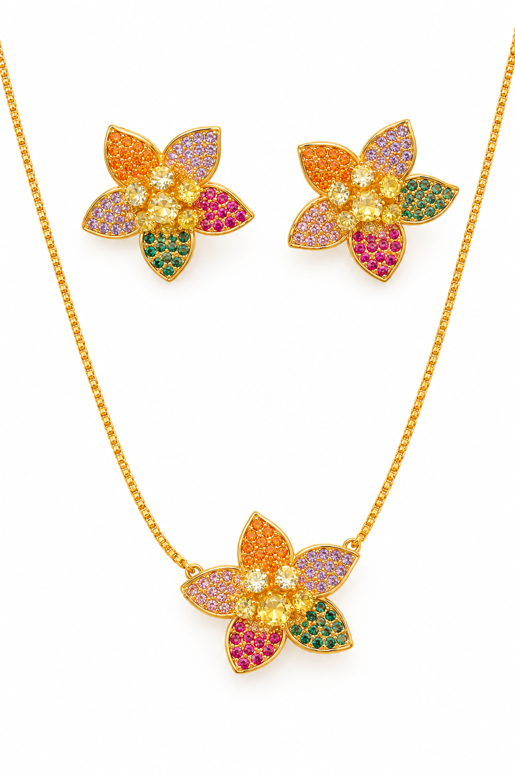 18K Gold-Finish Anti-Tarnish Multicolour Floral Necklace & Earrings Set