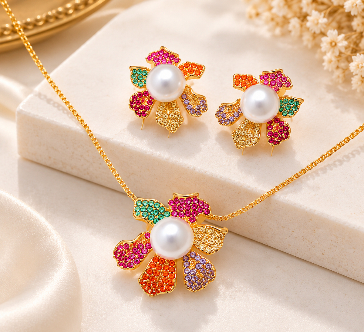 18K Gold-Finish Anti-Tarnish Multicolour Pearl-Look Flower Necklace Set