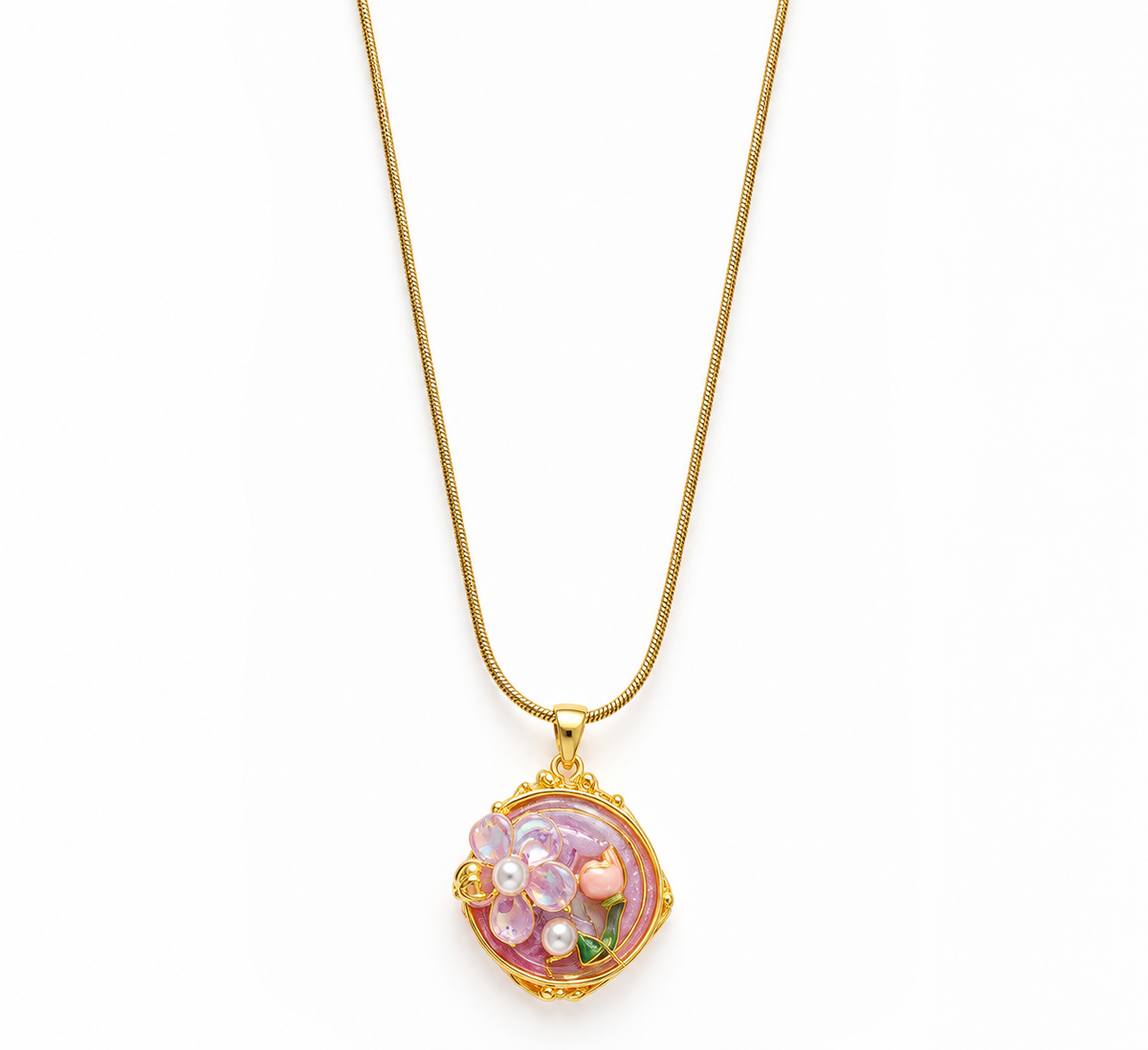 TEEYAKA Floral Bloom Pink & Green Pendant Necklace – Stainless Steel