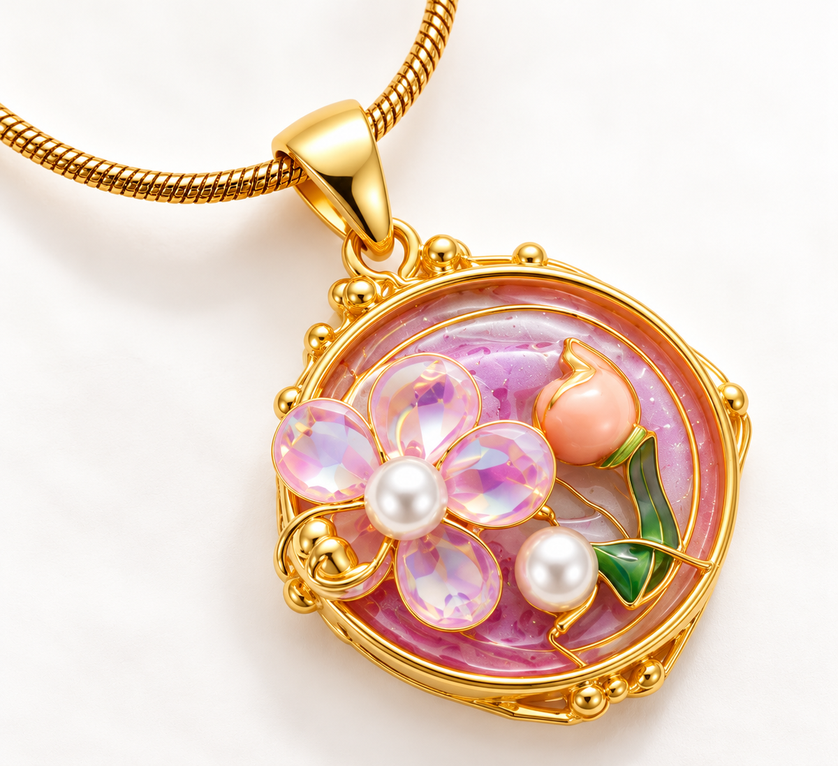 TEEYAKA Floral Bloom Pink & Green Pendant Necklace – Stainless Steel