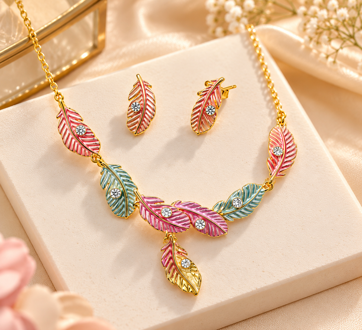 18K Gold-Finish Anti-Tarnish Multicolour Leaf Necklace & Earrings Set