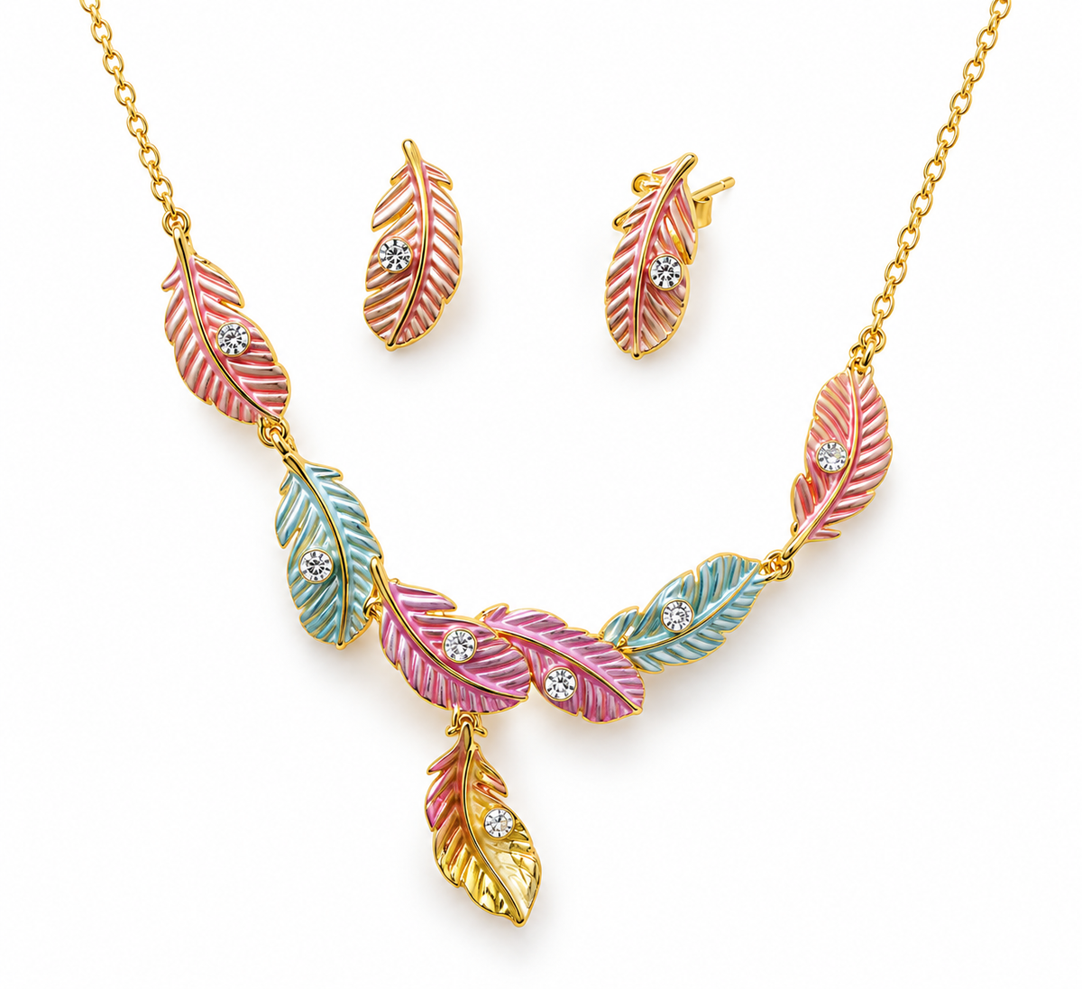 18K Gold-Finish Anti-Tarnish Multicolour Leaf Necklace & Earrings Set
