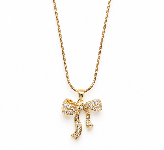 TEEYAKA Pavé Gold Bow Pendant Necklace – Stainless Steel